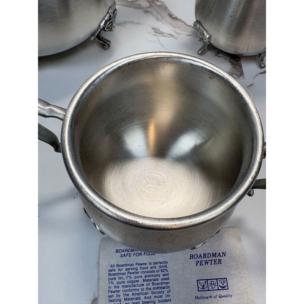 Boardman Pewter Tea Coffee Set‎ 3pc Rams Head Feet Teapot Sugar Creamer - Picture 10 of 12